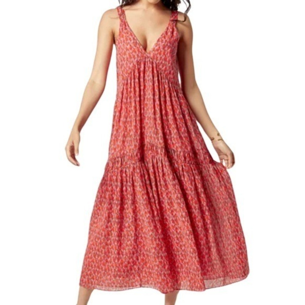 Joie NWT Tea Rose Cotton Tiered Maxi Dress Pink Red Ikat Print JE600IPR Womens L
